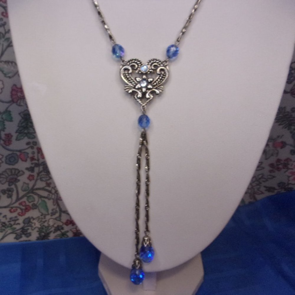 Blue Bead Silver Bar Link Lariat Style Necklace 26" Long